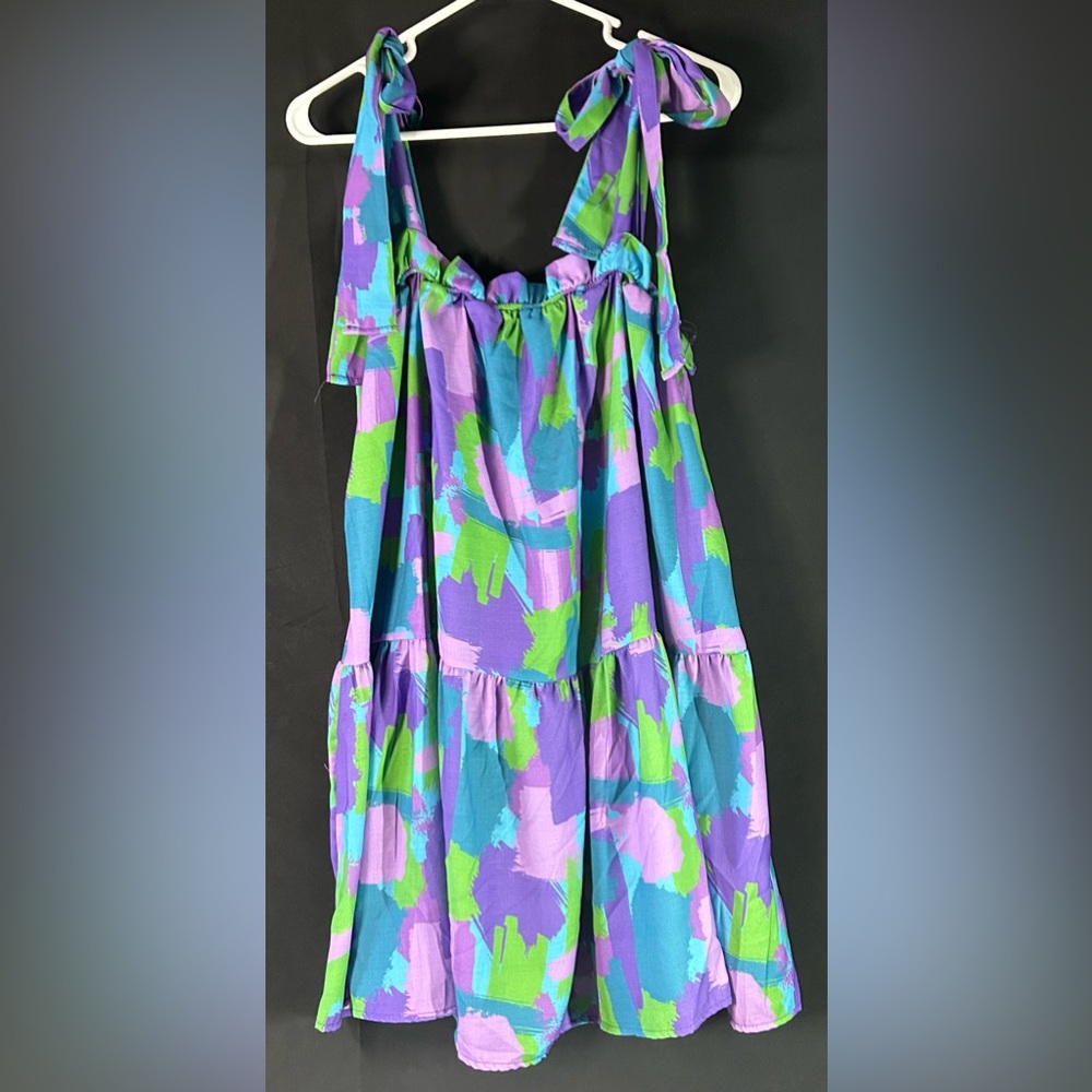 Peach Love California Dress Small NWT Purple Green Abstract Tie Strap